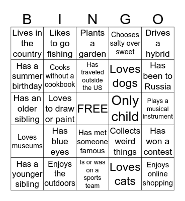 GETTING TO KNOW YOU Bingo Card