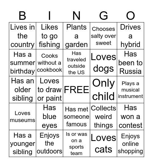 GETTING TO KNOW YOU Bingo Card