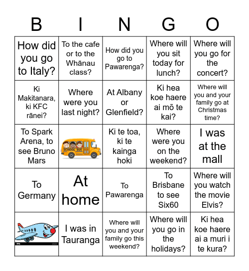 Mā hea?  I hea?  Ki hea? Bingo Card