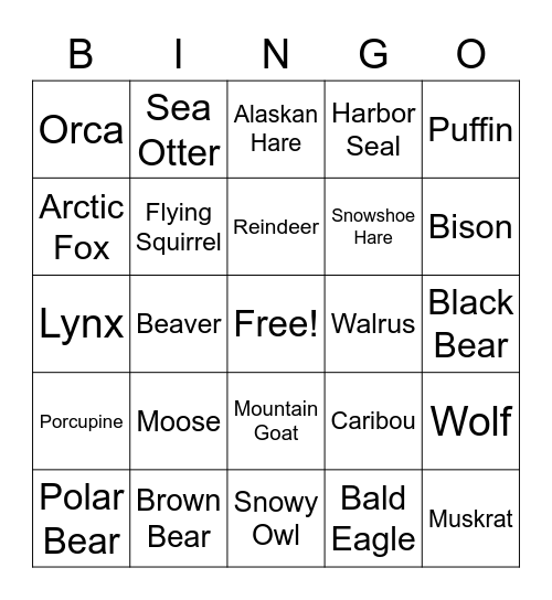 Animals of Alaska Bingo Card