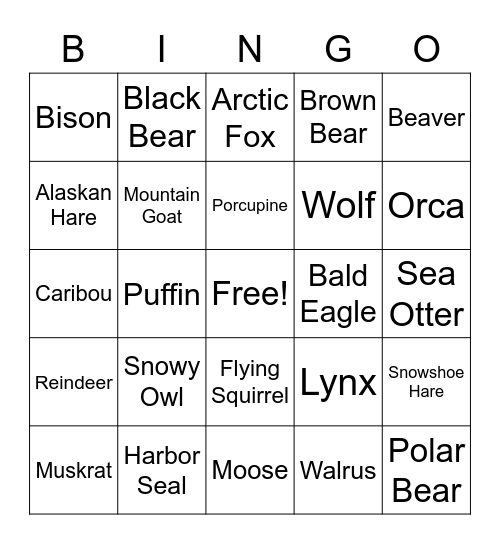 Animals of Alaska Bingo Card