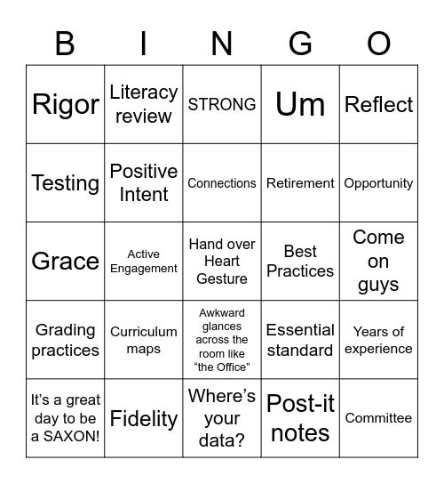 Back to School Staff Meeting Bingo Card