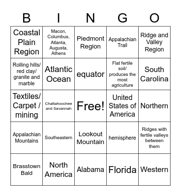 Georgia's Geography Bingo Card