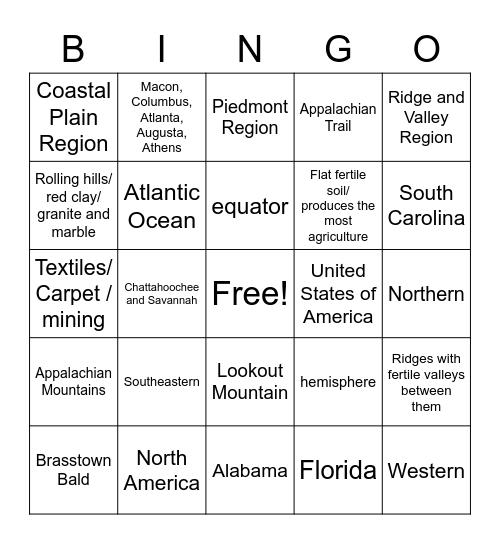 Georgia's Geography Bingo Card