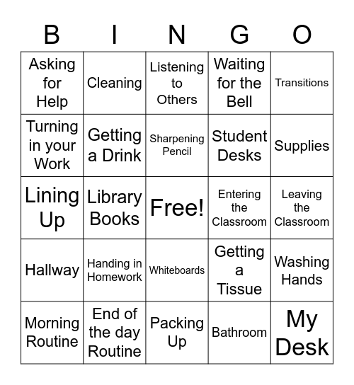 Classroom Procedures Bingo Card