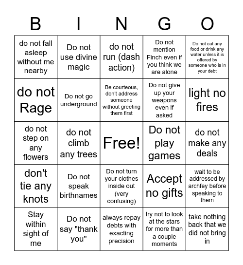 Feywild Don'ts Bingo Card
