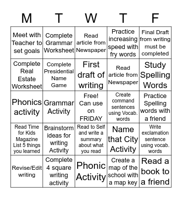 Station Choices  October 5th - 9th  Bingo Card