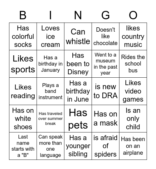 Middle School BINGO: Find someone who... Bingo Card