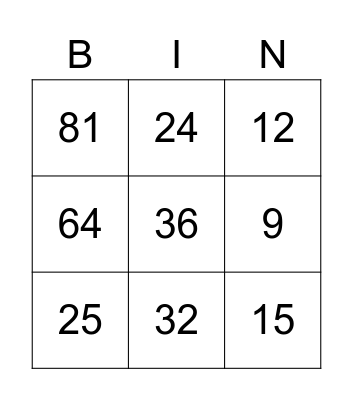 Multiplication Bingo Card