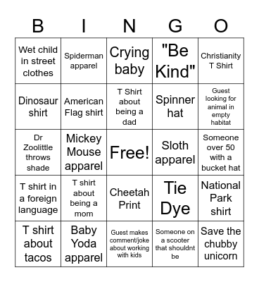 Zoo Bingo Card