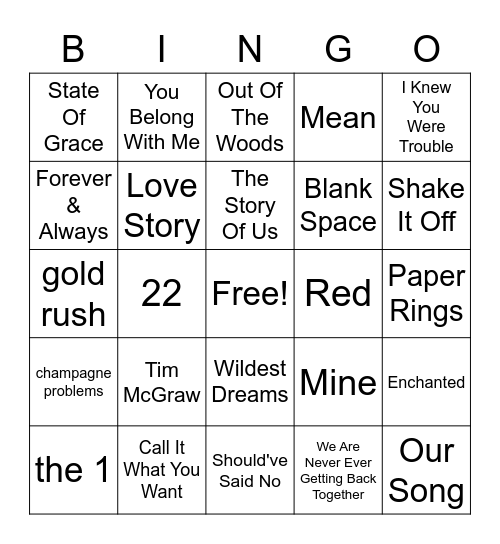 Bader College Taylor Swift Music Bingo! Bingo Card