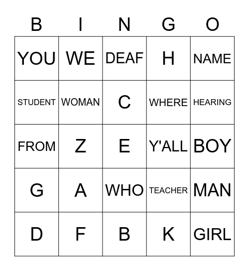 UNIT 1 ASL Bingo Card