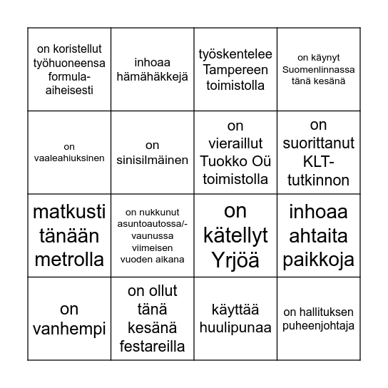 Etsi Tuokkolainen, joka... Bingo Card