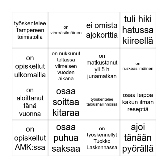 Etsi Tuokkolainen, joka... Bingo Card