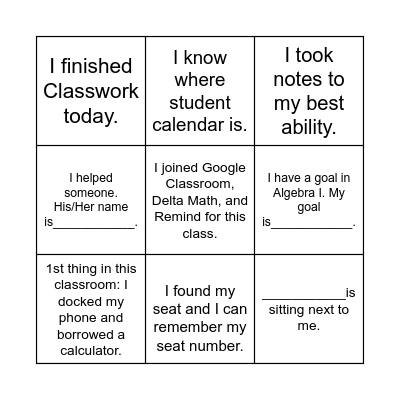 Algebra I First Day of School Bingo Card