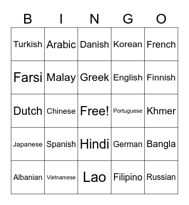 Languages Bingo Card