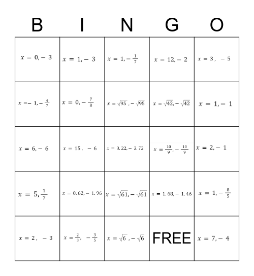 Solving Quadratics Bingo Card