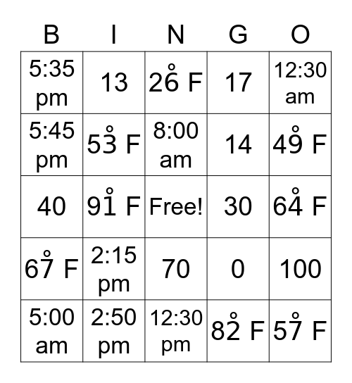 Numbers Practice Bingo Card