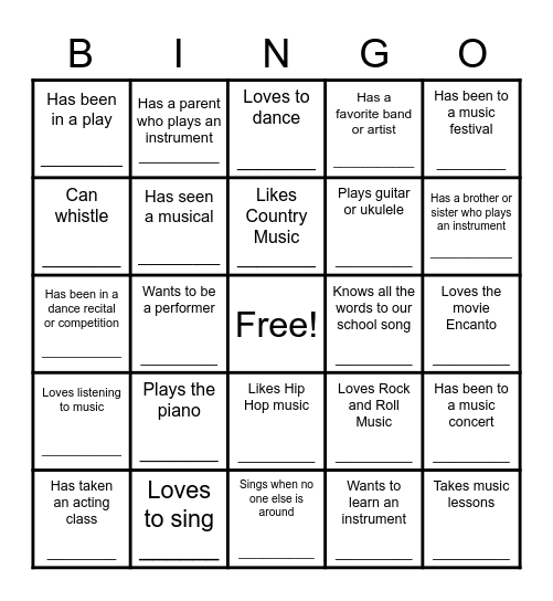 Performing Arts: Find Someone Who... Bingo Card