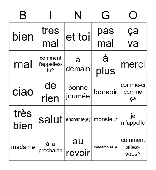 Greeting bingo French 1 Bingo Card
