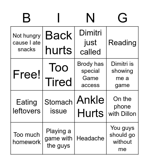 Ian's Dinner Avoidance Bingo Card