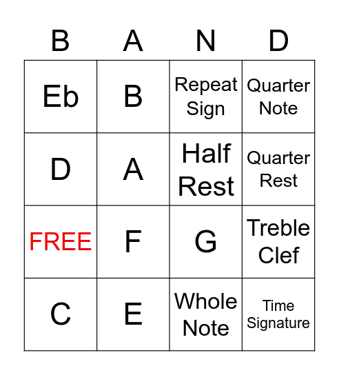 Note Reading Band Bingo Card