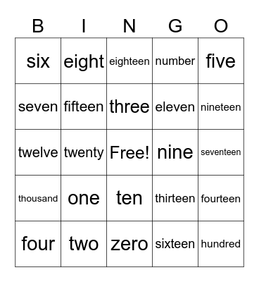 Number Words 0-20 Bingo Card