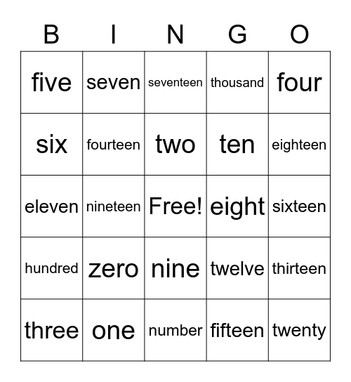 Numbers 0-20 Bingo Card