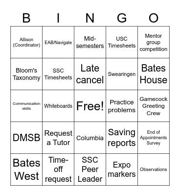 New Tutor Training Bingo Card