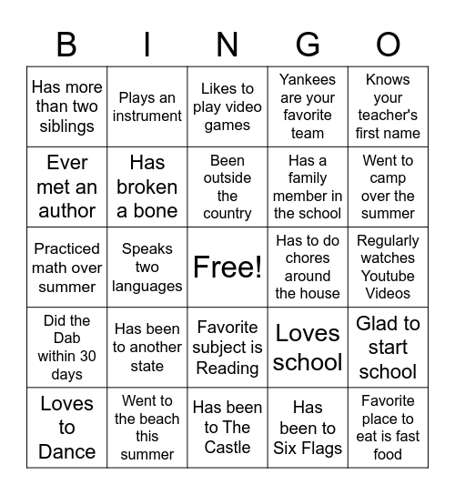 First Day of School Bingo Card