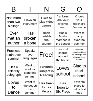 First Day of School Bingo Card