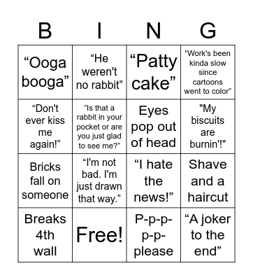 Who Framed Roger Rabbit Bingo Card