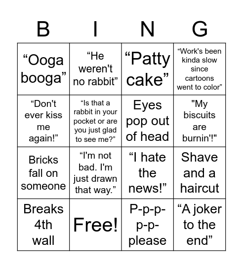 Who Framed Roger Rabbit Bingo Card