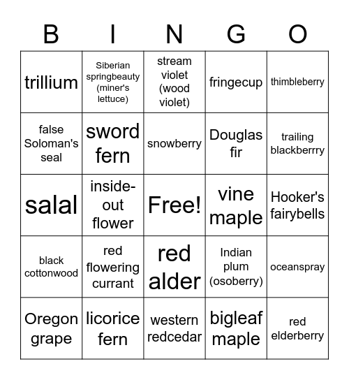 Plant Bingo Card