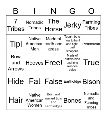 Native Americans Bingo Card