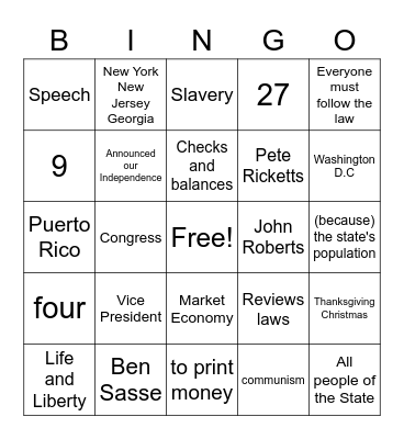 Citizenship Bingo Card