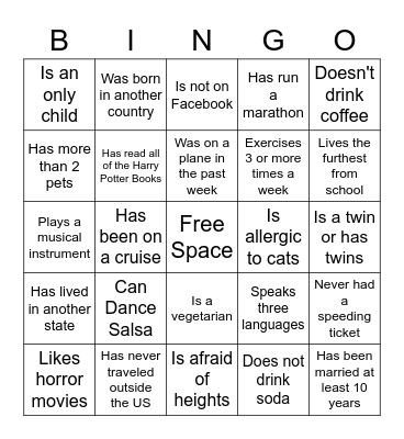 Get To Know You Bingo Card