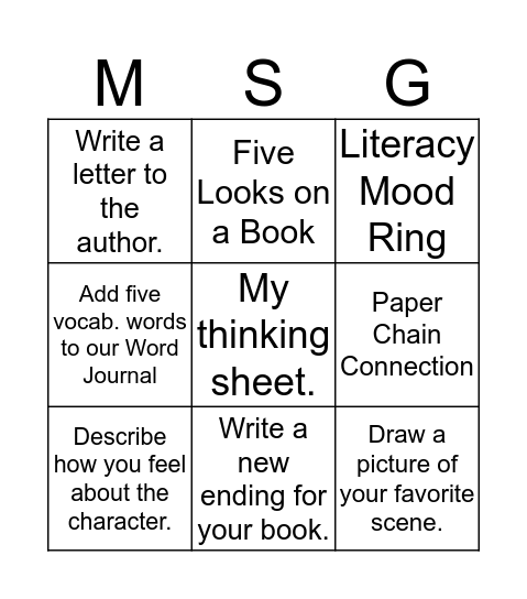 IR READING ACTIVITIES Bingo Card