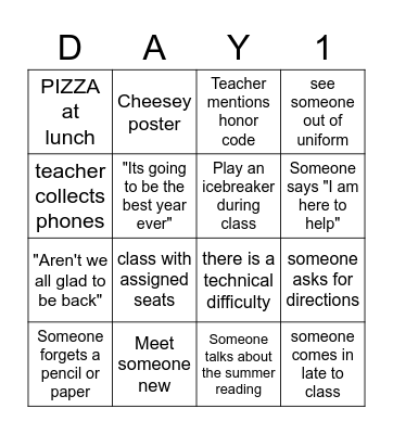 First day of class BINGO Card