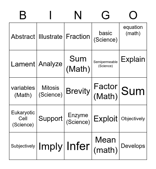 Vocab Bingo Play 1 Bingo Card