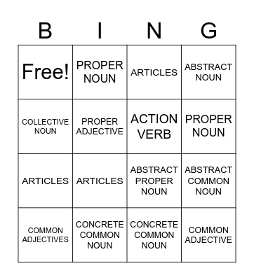 ADJECTIVES NOUNS Bingo Card