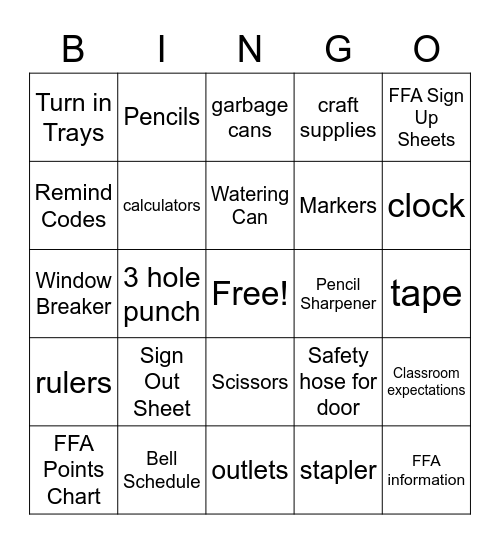 Ag Classroom Bingo Card