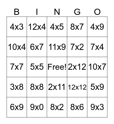 Multiplication Bingo Card