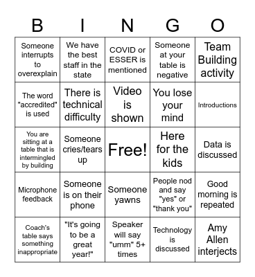 Back to School BINGO Card