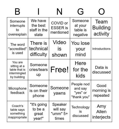 Back to School BINGO Card