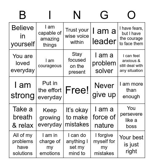 Positive Affirmations Bingo Card