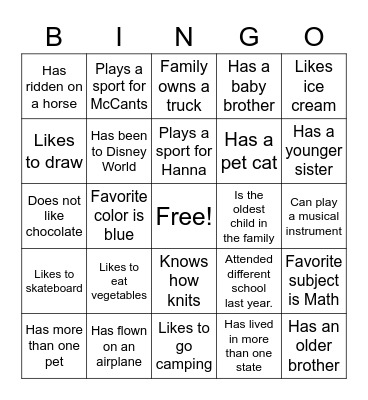 Classmate Bingo Card