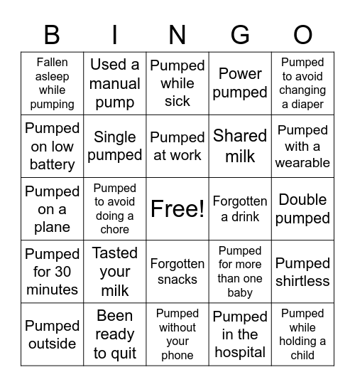 Pumping Bingo Card