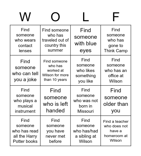 Wilson Wolf Bingo Card