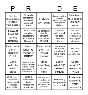 Willowcreek PRIDE Bingo Term 1 Bingo Card